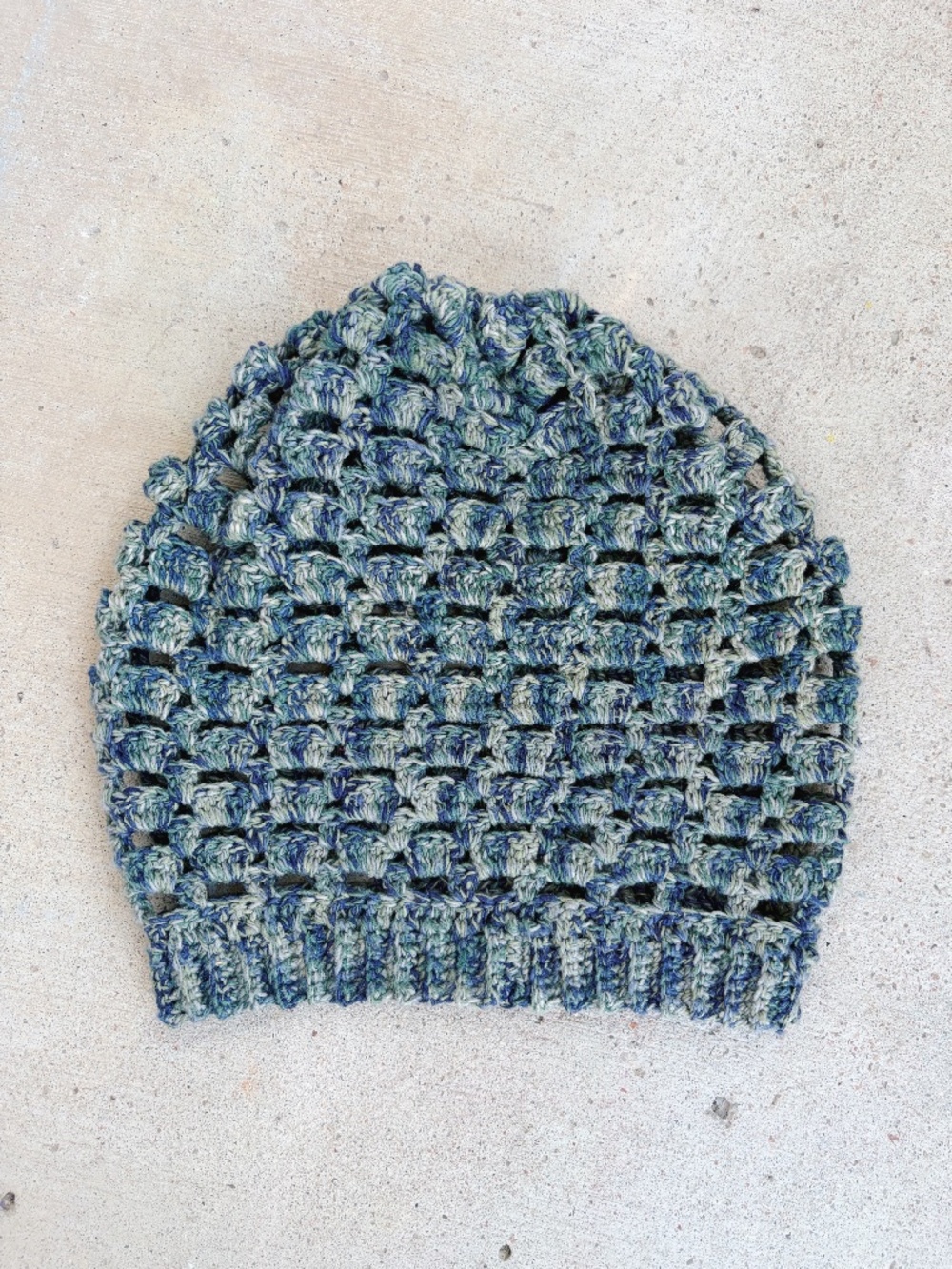 Handmade Crochet Slouchy Beanie in Recycled Variegated Blue Silk Yarn